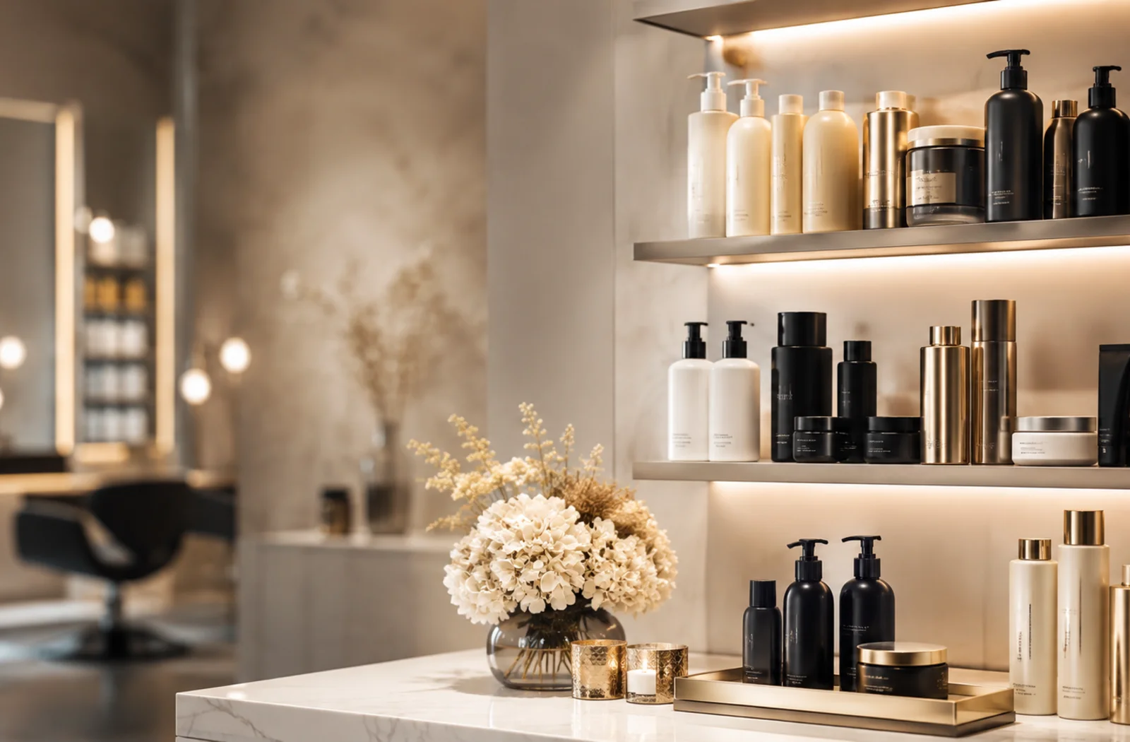 Premium haircare products displayed in a salon