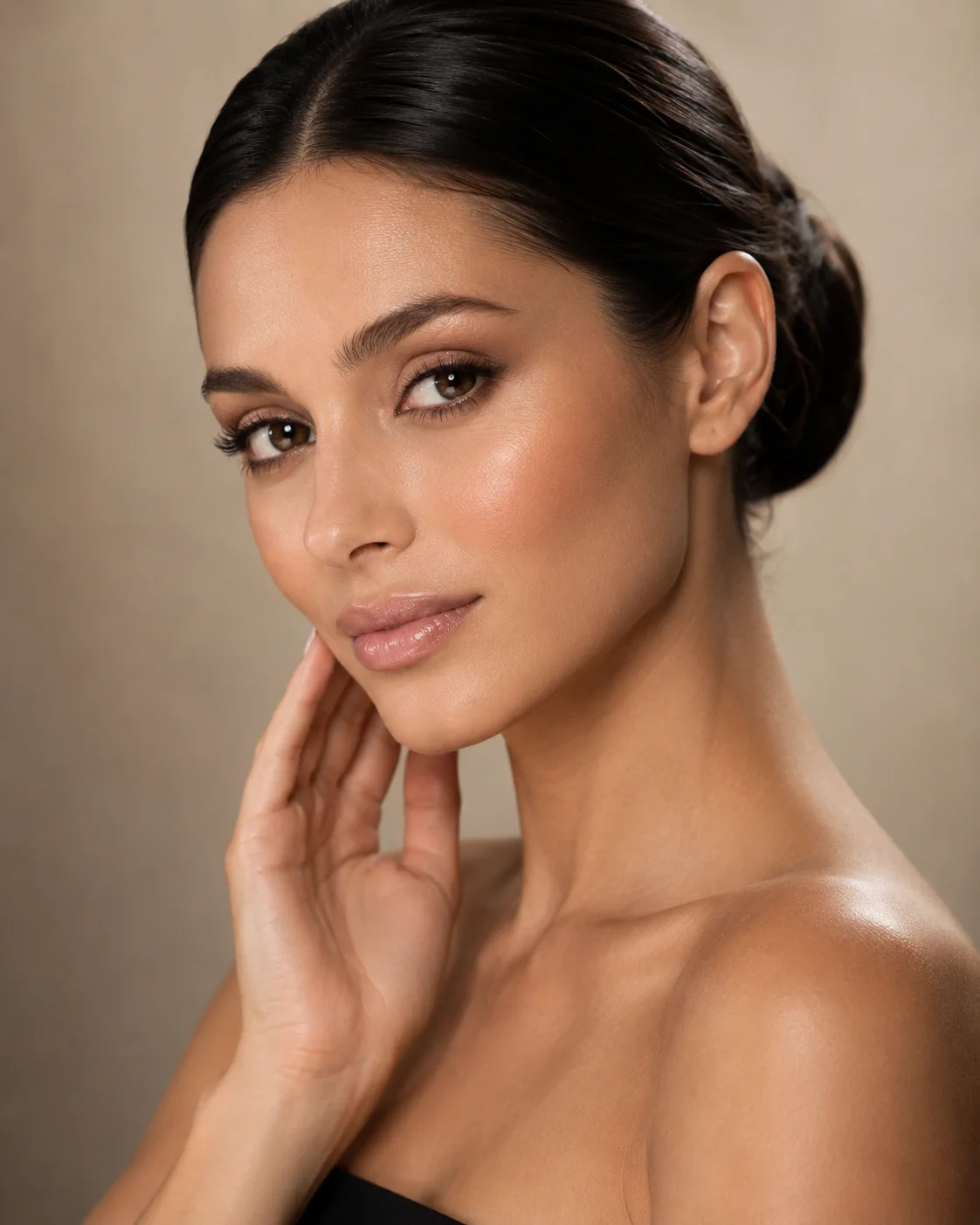 Glossy flowing dark hair in profile